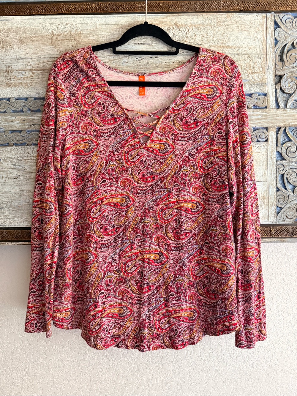 Women's Pink Paisley Crisscross V-Neck Long Sleeve Top by (no brand)